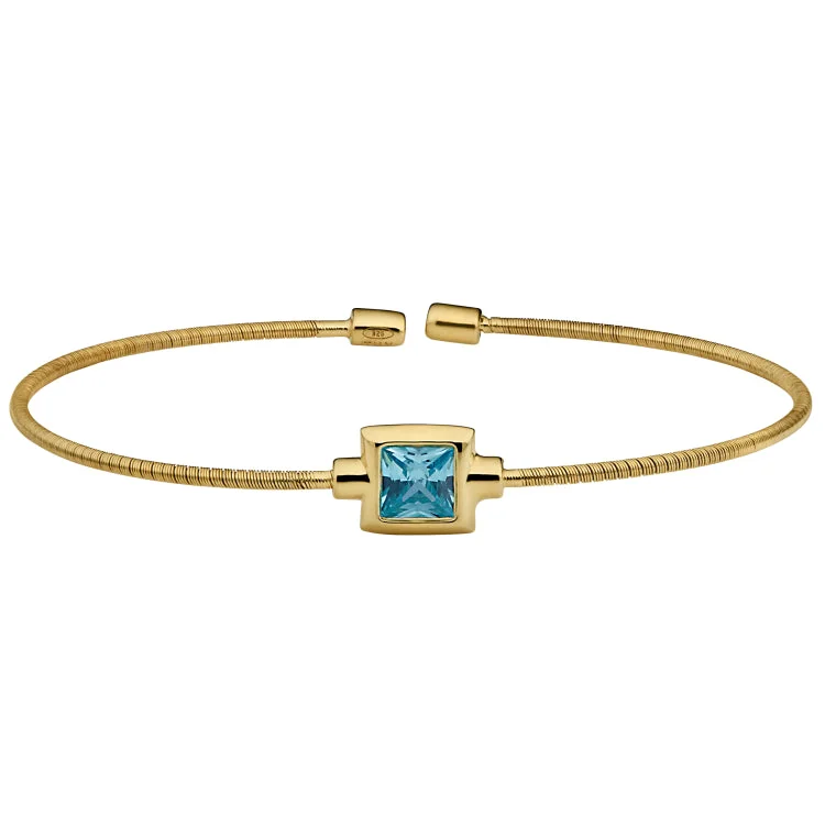 Adjustable Chain Bracelets-Gold Finish Sterling Silver Cable Cuff Bracelet with Princess Cut Simulated Aqua Marine Birth Gem