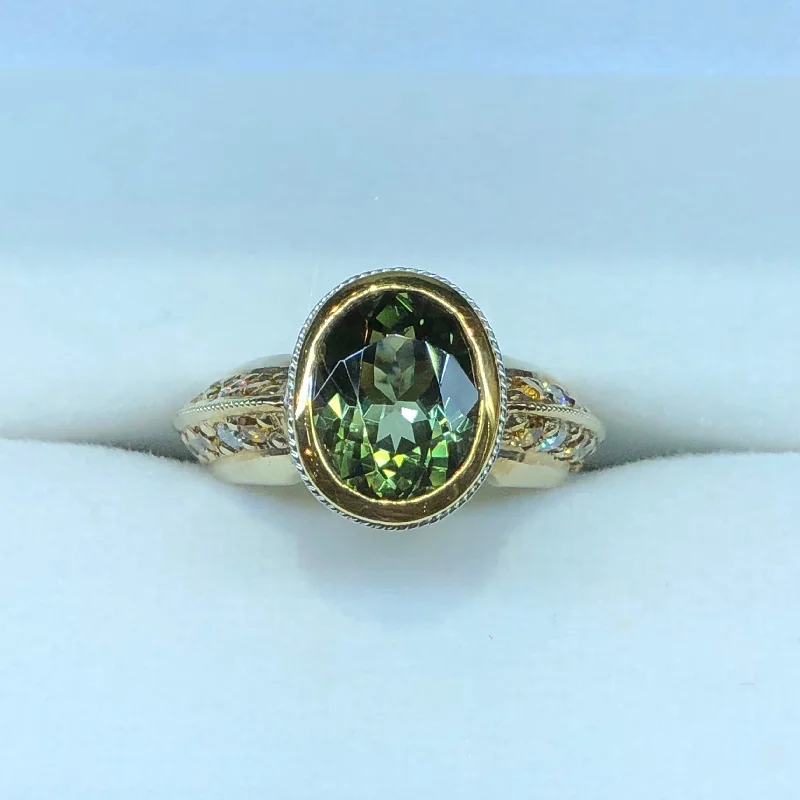 Engagement Ring with Side StonesGreen Tourmaline, Yellow Sapphire and Diamond Ring