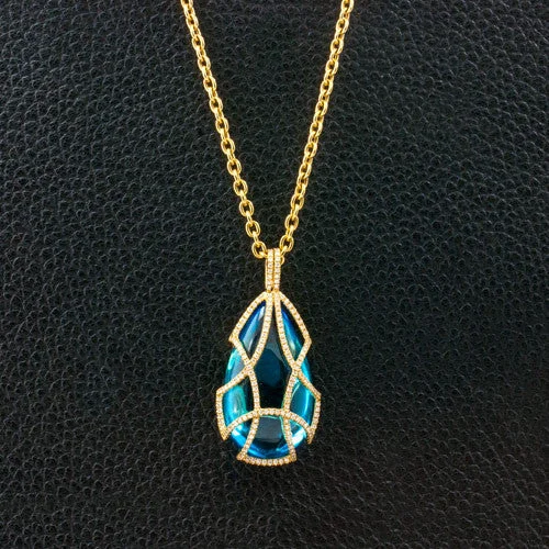 Designer Wedding Ring Set for Her-Small Gold Necklace-Diamond Tear Drop Cage Necklace with Blue Topaz Insert