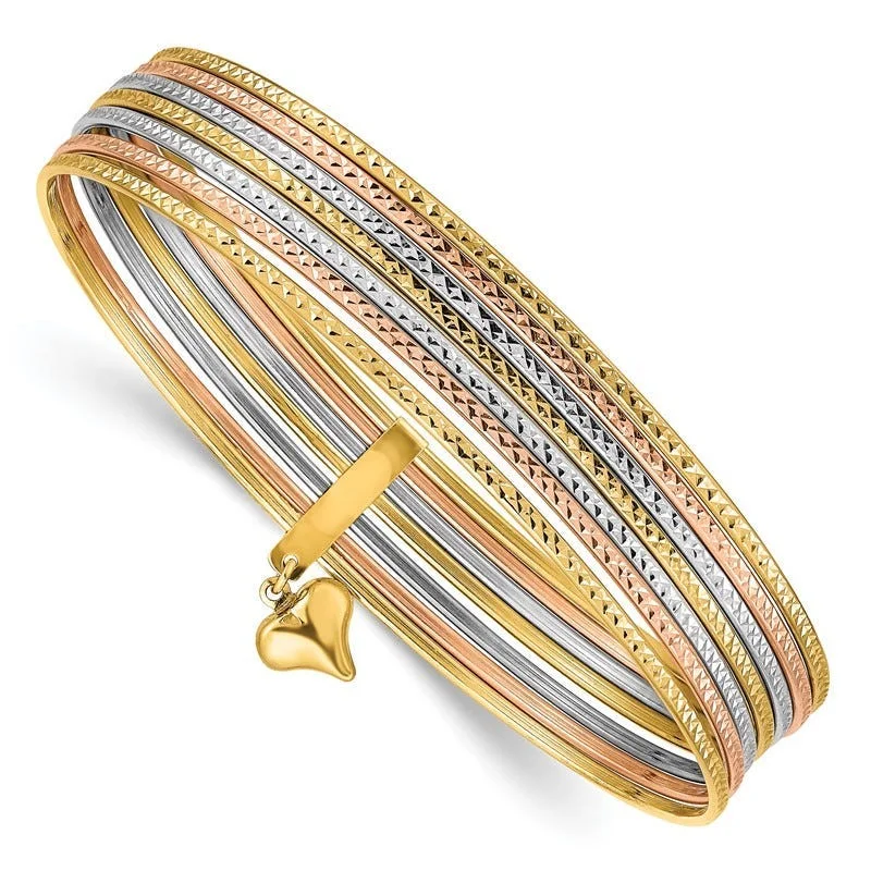 Two-Tone Silver Bangles-14K w/Dangle Heart Tri-color Set of 7 Textured Slip-on Bangles