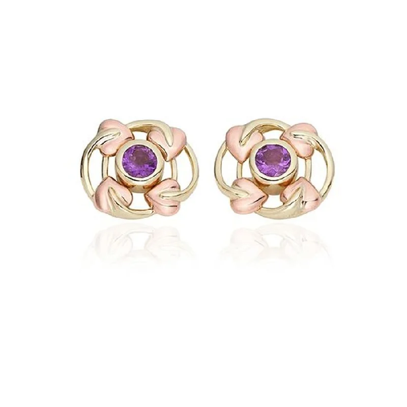 Silver Gemstone Earrings-9ct Yellow & Rose Gold Love Vine Amethyst Set Stud Earrings