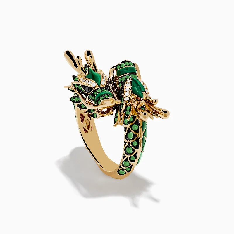 Custom Wedding Band for Anniversary14K Yellow Gold Malachite Tsavorite and Diamond Dragon Ring