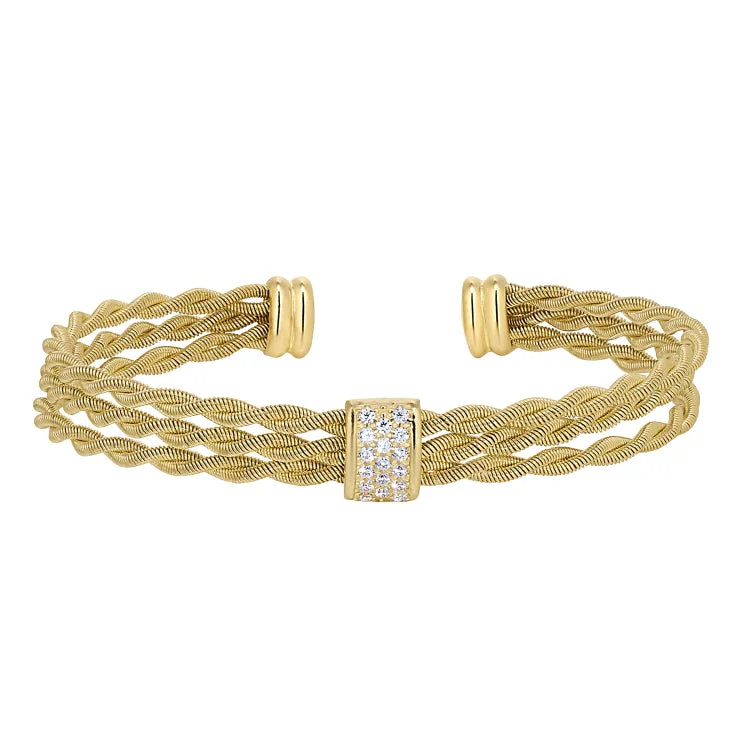 Statement Bracelets For Women-Gold Finish Sterling Silver Tightly Twisted Three Cable Cuff Bracelet with Central Bar with Simulated Diamonds