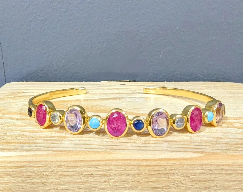 Sparkly Crystal Bangles-18ct Gold Vermeil Mixed Pink Gemstone Cuff Bangle