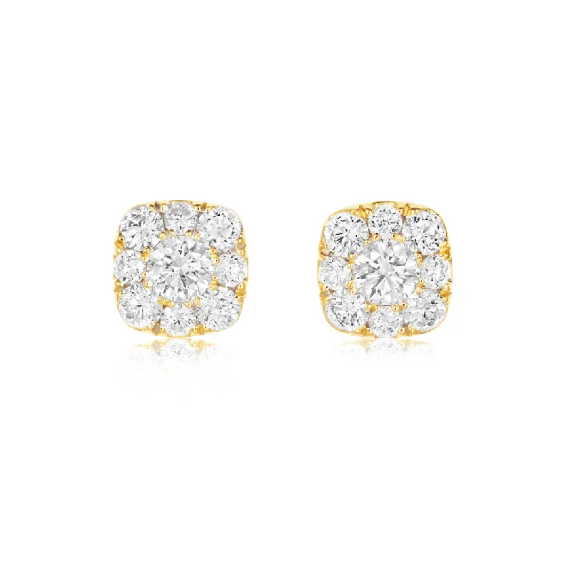 Gemstone Jewelry Earrings-18ct yellow gold cushion shaped cluster stud earrings set with brilliant cut claw set diamonds