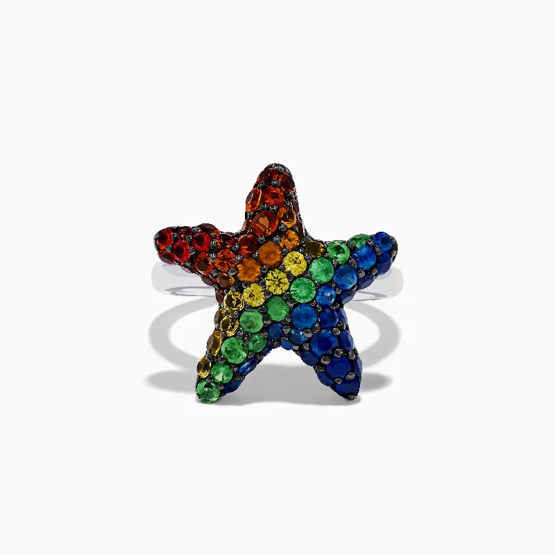 Personalized Wedding Ring for Him925 Sterling Silver Multi Color Sapphire Starfish Ring