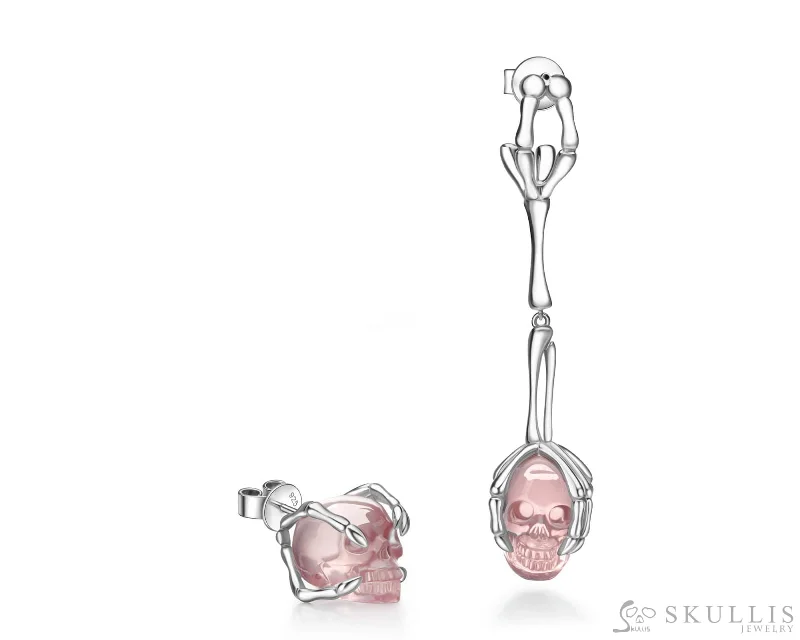 Modern Pearl Earrings-Gem Skull Earrings of Rose Quartz Carved Skull in 925 Sterling Silver