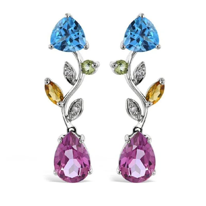 Soft Silver Earrings-18ct White Gold Multi-Gemstone & Diamond Set Drop Earrings