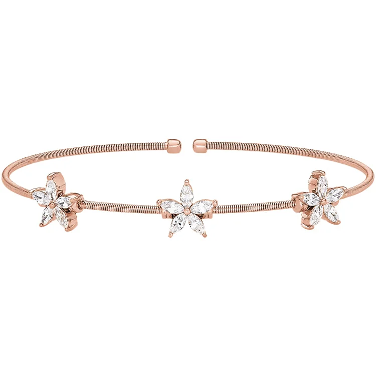 Colorful Leather Bracelets-Rose Gold Finish Sterling Silver Cable Cuff Bracelet with Simulated Diamond Flowers