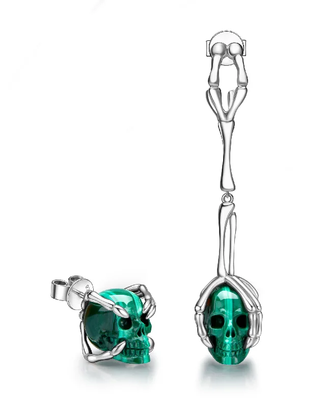 Simple Silver Drop Earrings-Gem Skull Earrings of Malachite Carved Skull, 925 Sterling Silver