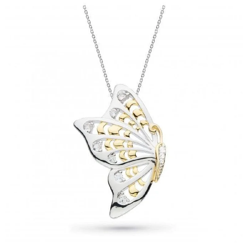 Couples Ring with Birthstones-Trendy Gold Pendant Necklace-Silver & Yellow Gold Plated Blossom Flyte Butterfly White Topaz Set Statement Necklace