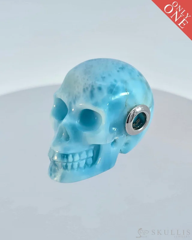 Custom Ring with Engraving-Custom Necklace for Weddings-Skullis Signature Larimar Gem Skull Pendant or Necklace, Hand Carved, Sterling Silver 925 Chain, for Women & Men - 0506522