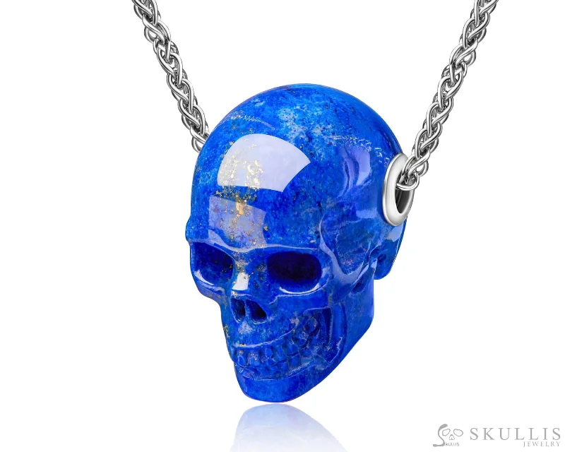 Designer Engagement Ring for Women-Designer Gemstone Pendant Necklace-Skullis Signature Lapis Lazuli Gem Skull Pendant or Necklace, Hand Carved, Sterling Silver 925 Chain, for Women & Men