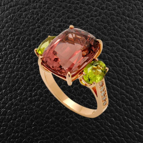 Custom Ring for Anniversary or Special OccasionPink Tourmaline, Peridot & Diamond Ring