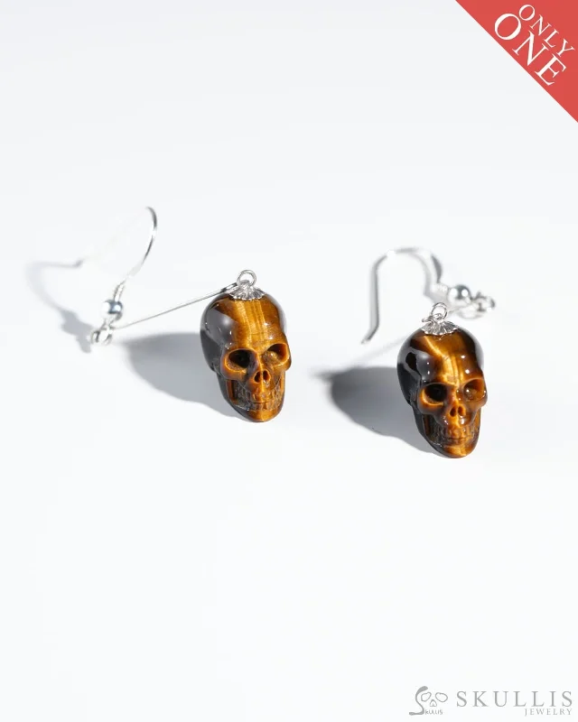 Elegant Drop Hoop Earrings-Flash Gem Skull Earrings of Gold Tiger's Eye Carved Skull, 925 Sterling Silver - 0800028