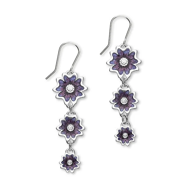 Black Gold Earrings-Scottish Primrose Sterling Silver & Purple Enamel Tri Drop Earrings, EE625