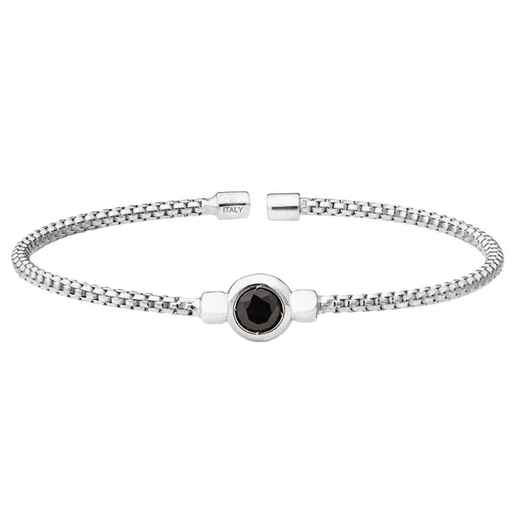 Designer Bracelets-Rhodium Finish Sterling Silver Rounded Box Link Cuff Bracelet with Bezel Set Simulated Onyx