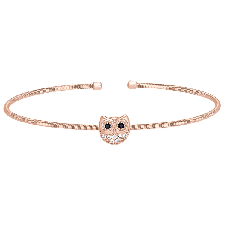 Fashion Bracelets-Rose Gold Finish Sterling Silver Cable Cuff Owl Bracelet with Simulated Diamonds