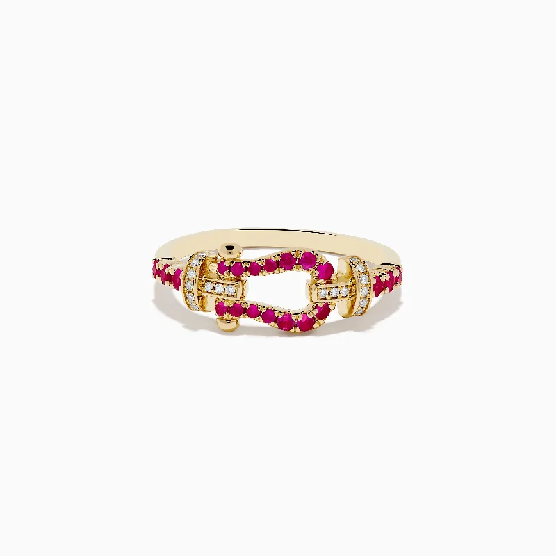 Customizable Wedding Ring with Birthstone14K Yellow Gold Ruby and Diamond Horseshoe Ring