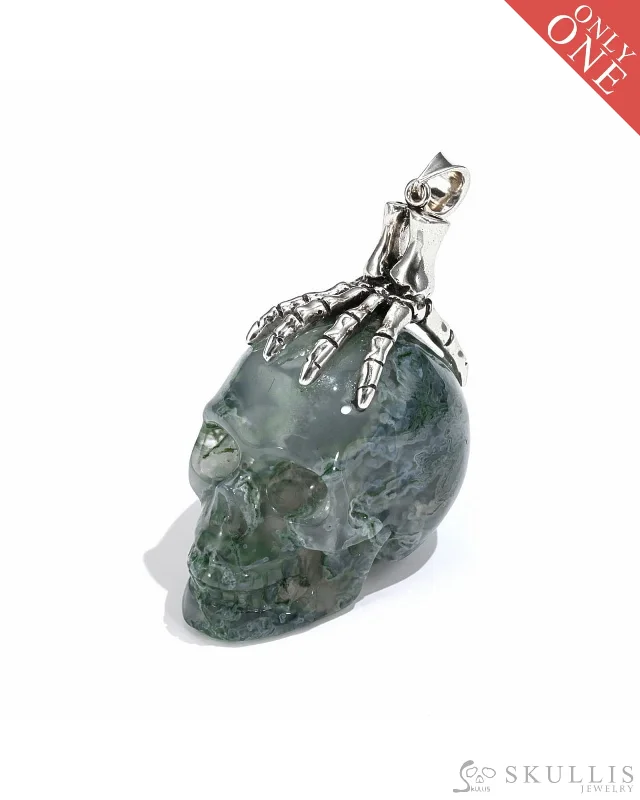 Classic Gold Wedding Band for Men-Beaded Necklace Set-Gem Skull Pendant Necklace of Green Moss Agate Carved Skull with Skeleton Hand in 925 Sterling Silver - 0506517