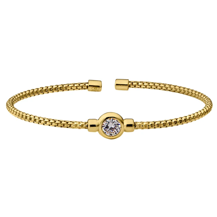 Beach Style Bracelets-Gold Finish Sterling Silver Rounded Box Link Cuff Bracelet with Bezel Set Simulated Diamond Birth Gem