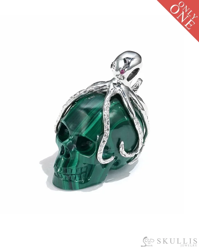 Designer Ring Set with Diamonds-Designer Crystal Pendant Necklace Set-Gem Skull Pendant Necklace of Malachite Carved Skull with Ruby Eyes Octopus in 925 Sterling Silver - 9500018