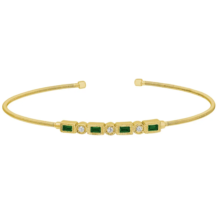 Diamond Bracelets For Women-Gold Finish Sterling Silver Cable Cuff Bracelet with Simulated Emeralds and Simulated Diamonds