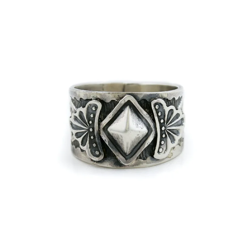 Solitaire Diamond Engagement RingContemporary Stamped Silver Navajo Ring