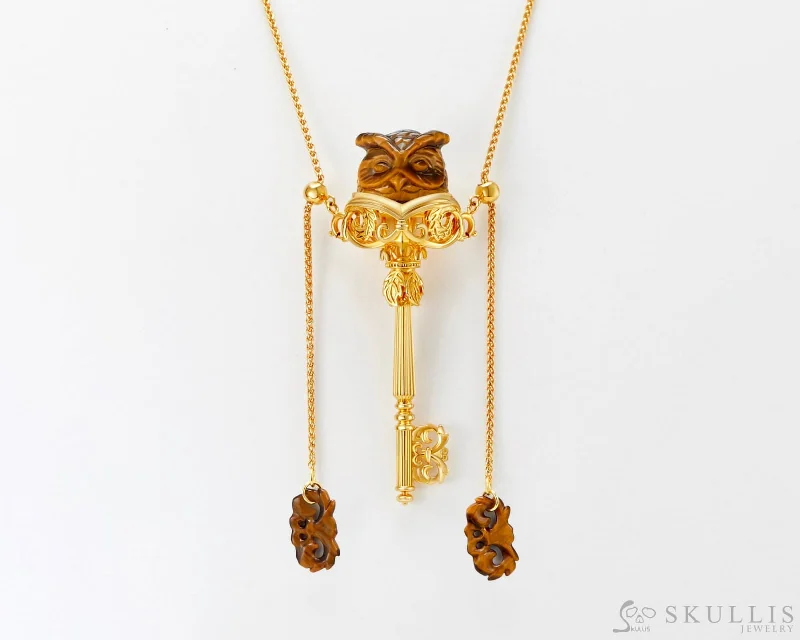 Classic Band Ring Set-Beaded Necklace for Teens-Gem Owl Pendant Necklace of Gold Tiger's Eye Carved Owl in 18K Gold-Plated 925 Silver