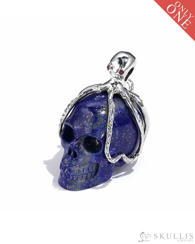 Men's Gold Engagement Ring-Large Heart Necklace-Gem Skull Pendant Necklace of Lapis Lazuli Carved Skull with Ruby Eyes Octopus in 925 Sterling Silver - 0506576