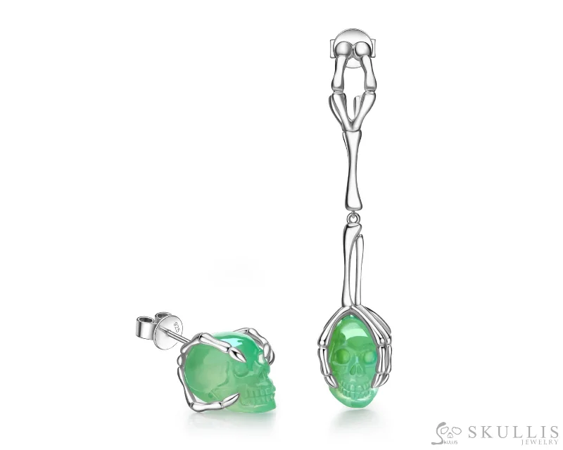 Pink Gold Earrings-Gem Skull Earrings of Chrysoprase Carved Skull in 925 Sterling Silver