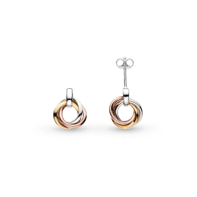 Textured Hoop Earrings-Silver & Yellow & Rose Gold Plated Bevel Trilogy Golds Link Stud Earrings