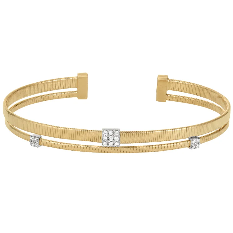 Bracelet For Daily Wear-Gold Finish Sterling Silver Two Cable Cuff Bracelet with Rhodium Finish Simulated Diamond Square and Round