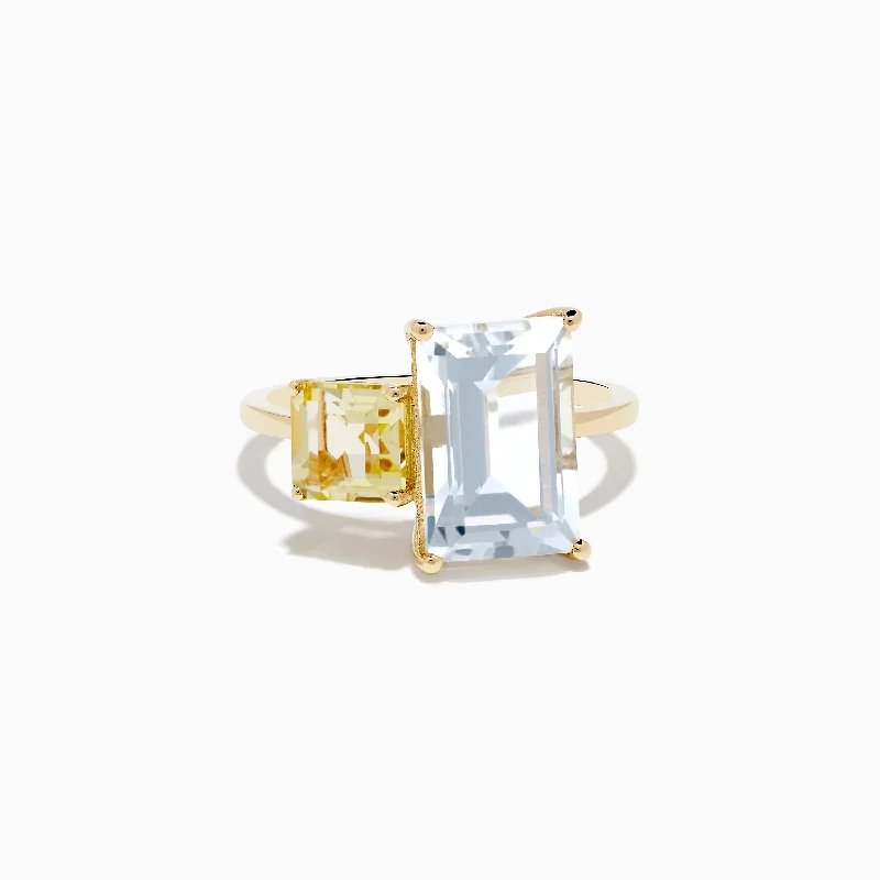 Engagement Ring with Custom Design14K Yellow Gold White Topaz and Lemon Quartz Toi et Moi Ring