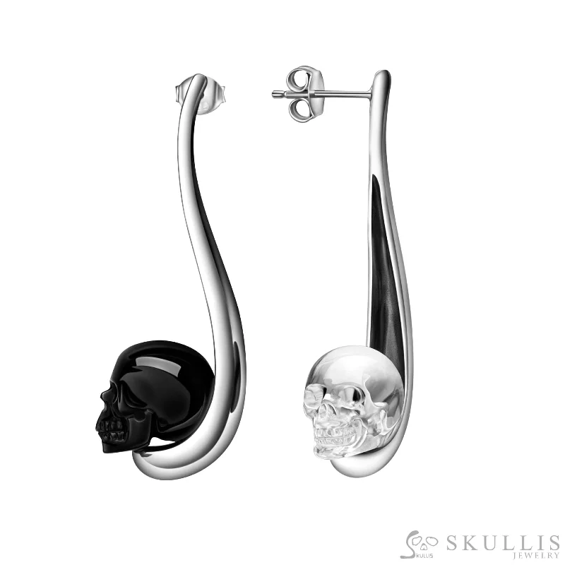 Smooth Hoop Earrings-Gem Skull Earrings of Black Obsidian & Quartz Rock Crystal Carved Skull in 925 Sterling Silver