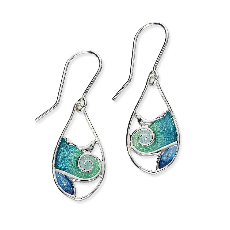 Adjustable Earrings-Tranquility Sterling Silver & Blue/Green Enamel Oval Drop Earrings, EE287