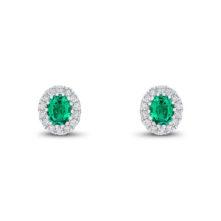 Large Statement Earrings-18ct white gold oval emerald and brilliant cut claw set stud earrings