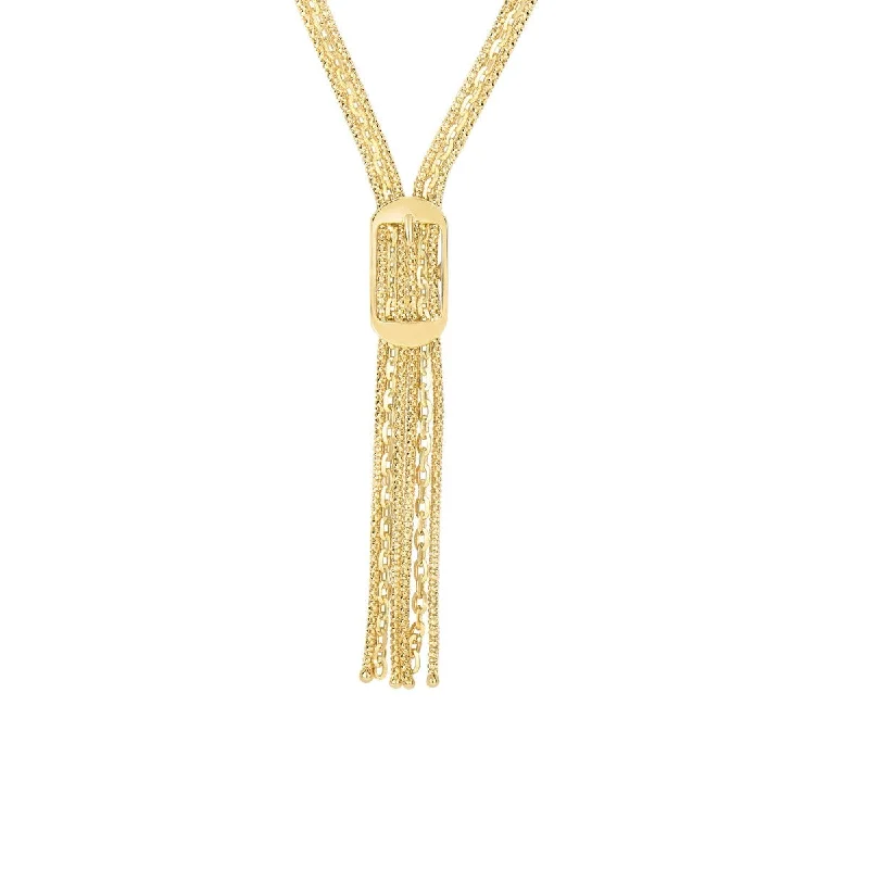 Large Gemstone Ring-Birthstone Necklace-14kt 17" Yellow Gold Shiny+Diamond Cut 9.8-3.7mm Rectangle Buckle On Flat Popcorn+Oval Fancy Lariat Type Necklace with Lobster Clasp N3240-17