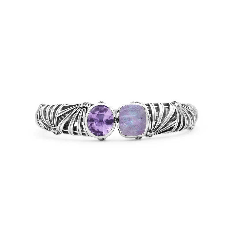 Spiral Bangles-Carventurous Faceted Amethyst Hand Carved Natural Quartz Mother Of Pearl And Amethyst Open And Close Bangle In Sterling Silver