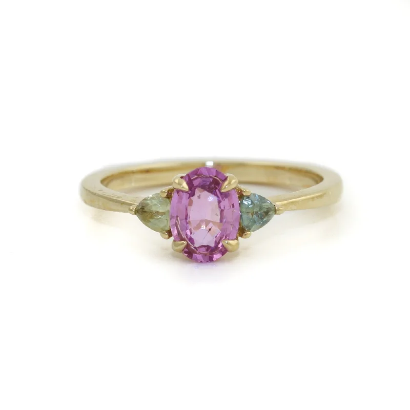 Men's Ring with Custom Engraving14K Gold Pink & Teal Sapphire Ring