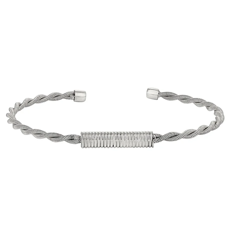 Stacking Bracelets-Rhodium Finish Sterling Silver Tightly Twisted Cable Cuff Bracelet with Central Twisted Coil