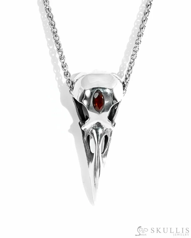 Simple Silver Wedding Band-Beaded Chain Necklace-Raven Skull Pendant Necklace of 925 Sterling Silver with Garnet Inlay