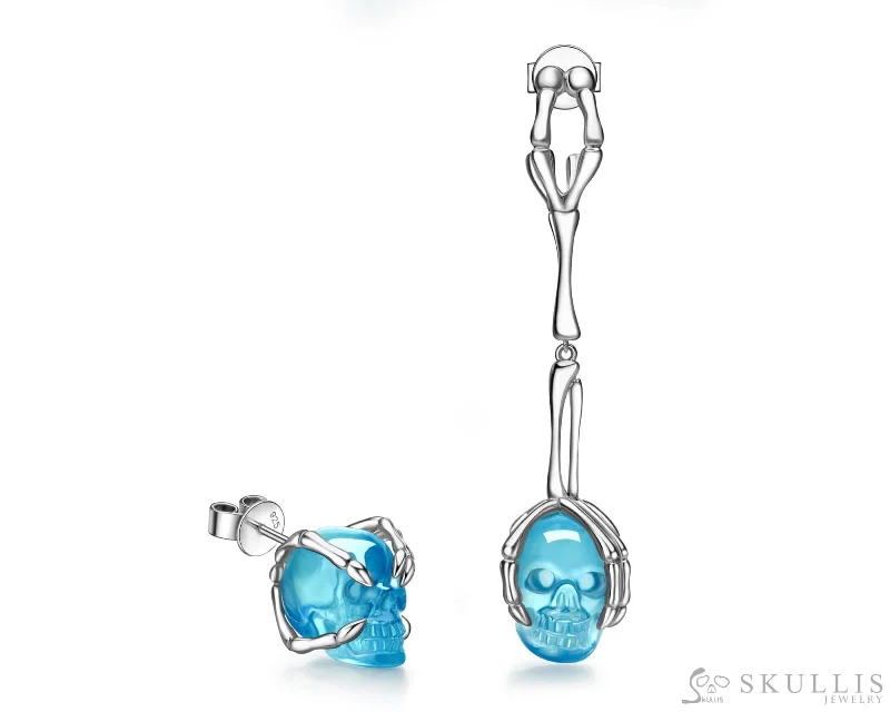 Long Sterling Silver Earrings-Gem Skull Earrings of Aquamarine Carved Skull in 925 Sterling Silver