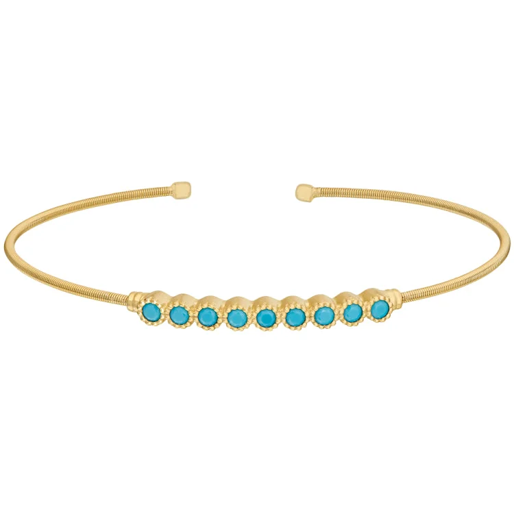 Silver And Gold Bracelets-Gold Finish Sterling Silver Cable Cuff Bracelet with Beaded Bezel Set Simulated Turquoise