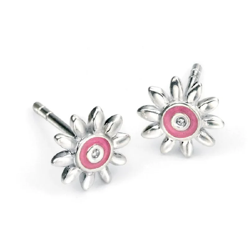 Simple Crystal Earrings-Silver & Pink Enamel Daisy Stud Earrings