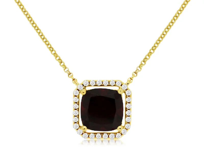 Custom Wedding Band-Minimalist Necklace-14K Yellow Gold Cushion Cut Garnet and Diamond Halo Pendant Necklace