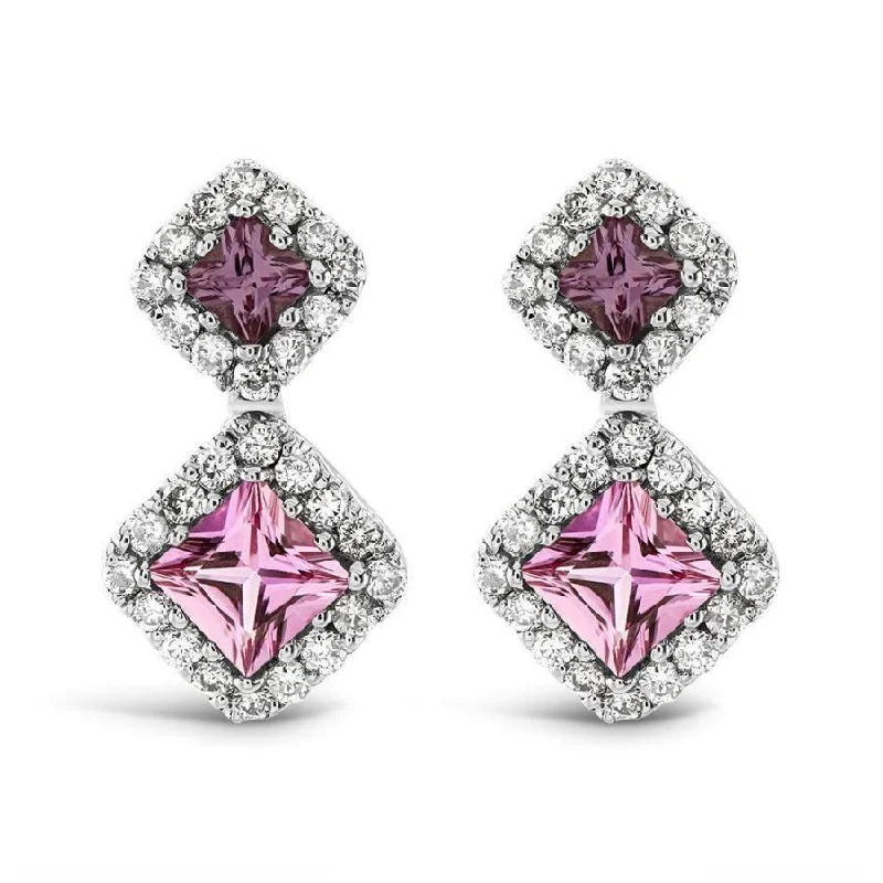 Geometric Diamond Earrings-18ct White Gold Pink Sapphire & Diamond Cluster Drop Earrings