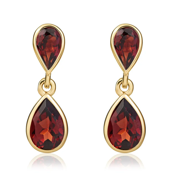 Cute Drop Gem Earrings-9ct yellow gold pear shaped garnet drop earrings