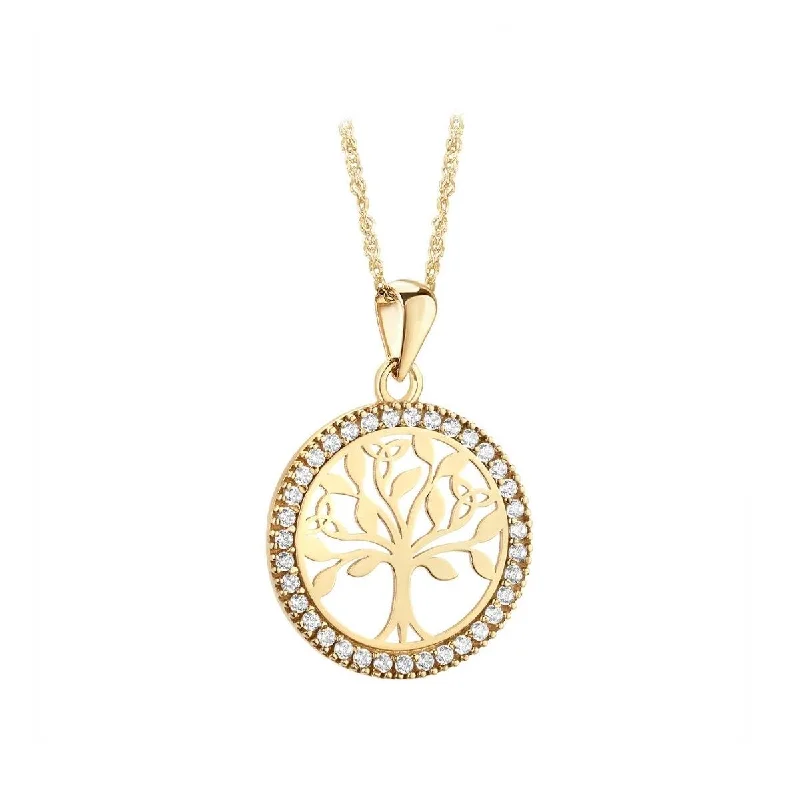 Custom Engagement Ring for Her-Designer Crystal Necklace Set for Women-9K Gold Cz Round Tree Of Life Pendant