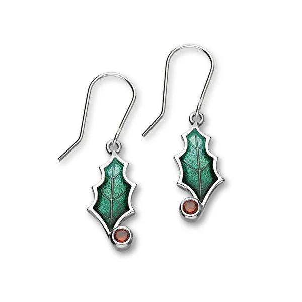 Colored Gem Earrings-Festive Sterling Silver Enamel Holly Leaf Drop Earrings, ECE29